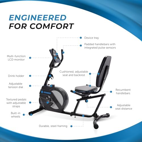 Stamina Recumbent Exercise Bike for Home 346 w/Smart Workout App - Stationary Bike for Adults, Seniors w/Large, Adjustable
