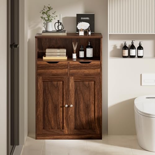 Vongrasig Bathroom Storage Cabinet, 42.5" H Freestanding Floor Cabinet | Wooden Modern Cabinet with 2 Drawers, Open Shelf and Adjustable Shelf for Bathroom, Laundry Room and Entryway, White