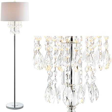 JONATHAN Y Abigail 61" Crystal Metal LED Floor Lamp, Clear/Chrome | Chandelier Style, Contemporary Glam Design, White Linen Drum Shade, Rotary Switch