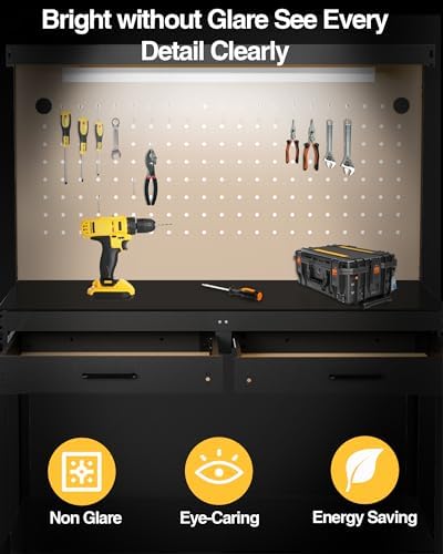 Pterying Work Benches for Garage, 3-Tier, A3 Steel | For Garage, Workshop & Basement, 2 Drawers, 4 AC Outlets, 2 USB Ports, Pegboard, 12 Hooks
