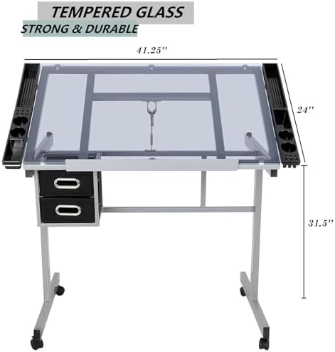 ZENY Drafting Table on Wheels with Storage Drawers, Adjustable Glass Tabletop, Craft Table Drawing Desk Artist Hobby Table for Painting, Drawing