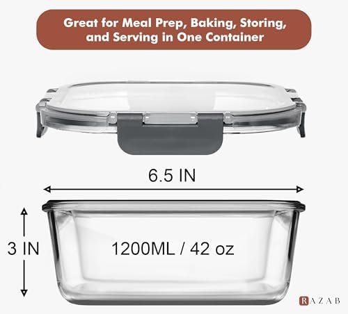 Razab 2 PC 1200ML / 41 Oz Glass Food Storage Containers with Lids - Airtight & Leakproof - Microwave/Oven/Freezer Safe - BPA Free - Ideal for Meal