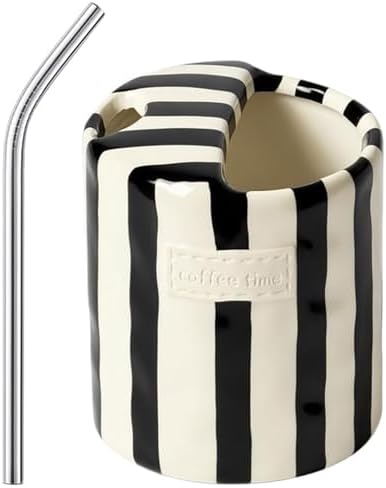 Ceramic Coffee Mugs 10 oz Retro Striped Coffee Mug No Handle with Straw | Porcelain Coffee Cups Hand-Painted Striped Art