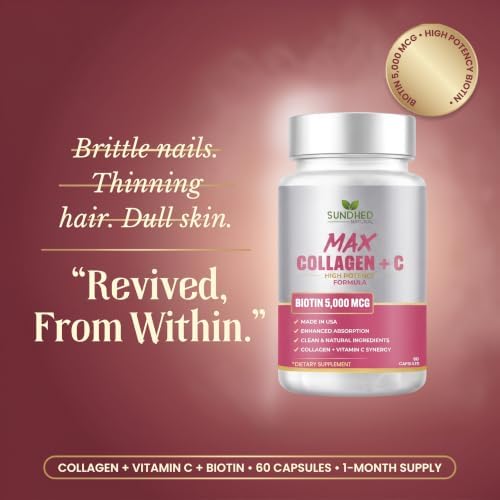Max Collagen Plus C (60 caps) - All Natural Collagen Capsules with Biotin & Bioperine to Boost Anti Aging Hydration & Skin Firmness - Collagen Pills to Strengthen Bones & Nails