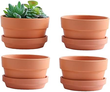 Yishang 6 Inch Terracotta Shallow Planters with Saucer/Tray, Ceramic Flower Clay Plant Pots with Drainage Hole