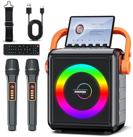 Karaoke Machine with 2 Wireless Microphones for Adults & Kids, 8000mAh Portable Bluetooth Speaker PA System with Lights, Supports AUX in/TF Card/FM/REC, Microphone Speaker Set for Home Party, Outdoor