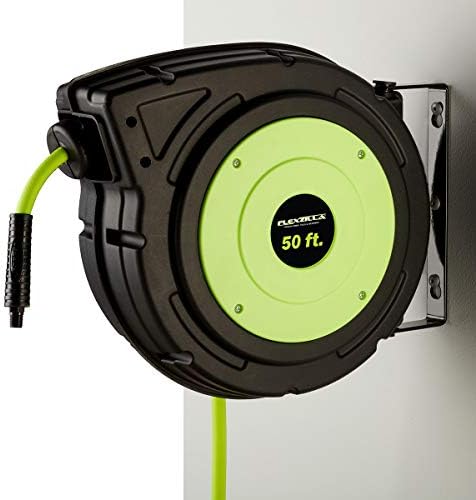 Flexzilla Retractable Enclosed Plastic Air Hose Reel, 3/8 in. x 50 ft., Heavy Duty, Lightweight, Hybrid, ZillaGreen - L8250FZ