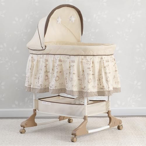 Delta Children Portable Rocking Bassinet for Newborns Bedside Sleeper Crib with Gentle Vibrations, Nightlight, Soothing Music, Adjustable Canopy