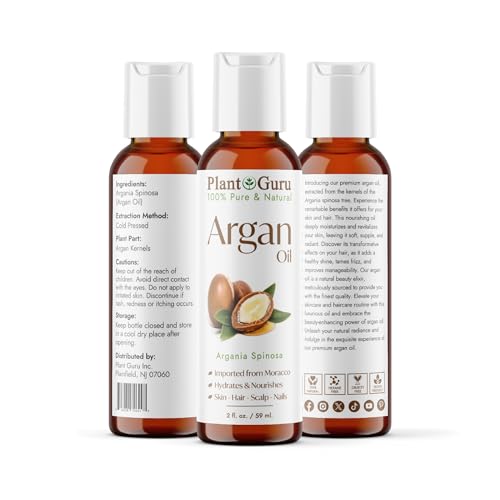 Plant Guru Argan Oil 2 fl. oz. Morocco Virgin, Cold Pressed 100% Pure Natural - Stimulates Hair Growth, Skin, Face And Body Moisturizer.