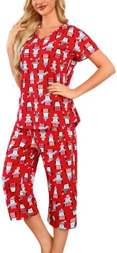 ENJOYNIGHT Womens Pajama Set Cotton Summer Pj Top with Capri Pant Sleepwear