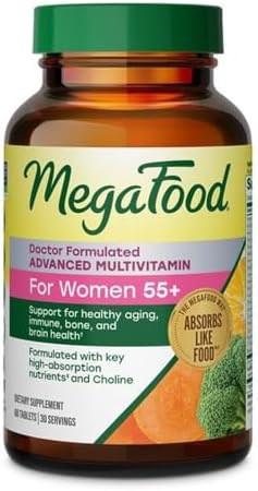 MegaFood Advanced Multivitamin for Women 55+ Doctor Formulated, 60 Tablets | For Healthy Aging, Immune Support, Bone and Brain Health, Choline, Methylated B12, Methylfolate, Vegetarian, 30 Servings