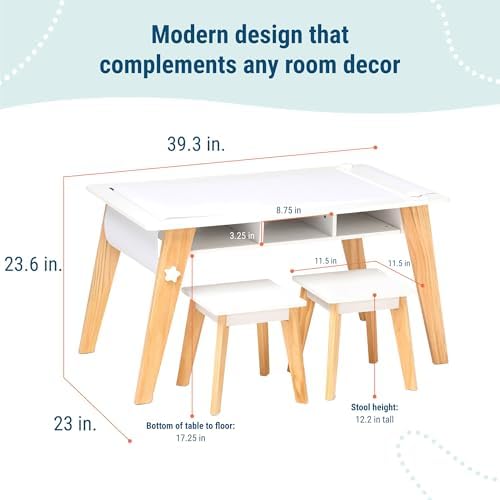 Wildkin Kids Arts & Crafts Table Set – Mid-Century Modern Design with 2 Stools, Storage Cubbies & Paper Roll - White