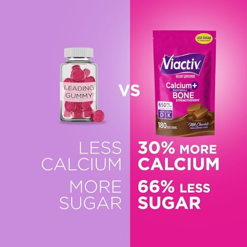 Viactiv Calcium + Vitamin D Supplement Soft Chews for Women & Men - Chewable Calcium for Bone Health Support, 650 mg per Serving, Vitamin D & K for High Absorption - 60 Count, Caramel