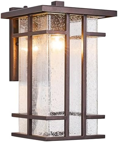Rustic Dusk to Dawn Outdoor Wall Light Fixture 13.8"H Waterproof Exterior Wall Sconces Black Metal with Seeded Glass Sensor Outdoor Wall Lantern for