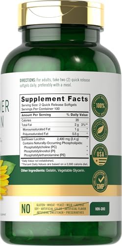 Carlyle Sunflower Lecithin Softgel Capsules | 2400mg | 200 Pills | Rich in Phosphatidyl Choline | Non-GMO, Soy Free, Gluten Free Supplement