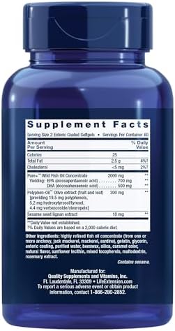 Life Extension Super Omega-3 EPA/DHA Fish Oil, Sesame Lignans & Olive Extract – Heart Health, Brain Health, Inflammation Health Support, Gluten-Free, Easy to Swallow, Non-GMO, 240 Softgels