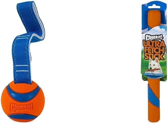 Chuckit! Ultra Tug Dog Toy - Ultra Ball on a Durable Nylon Cord Handle - Fetch and Tug-of-War Toy for Dogs - Size Large - For Breeds 60-100 lbs - 3-inch Diameter - Orange and Blue