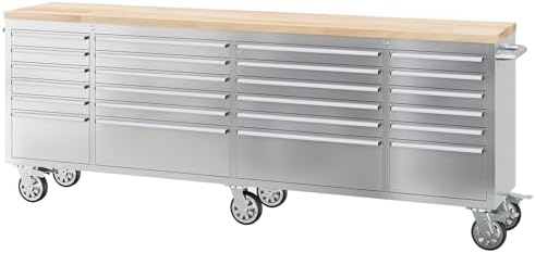 72" Heavy-Duty Rolling Tool Chest & Workbench with 15 Drawers, Steel Rubber Wood Top on Wheels, Key Locking System, Drawer Liners for Garage Warehouse Repair Shop, Black Storage Cabinet.