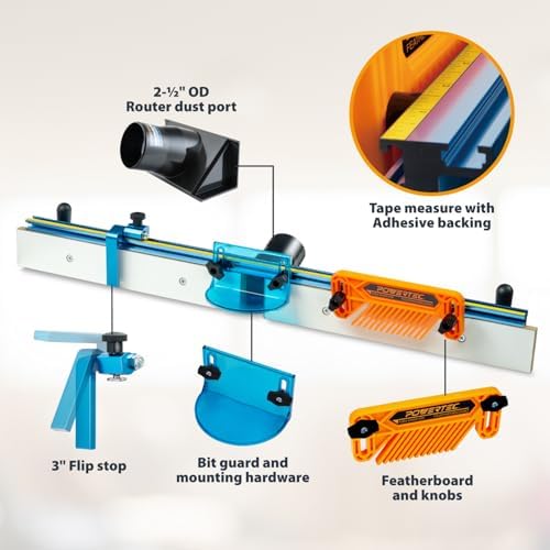 POWERTEC Router Table Fence System 3-1/2" Tall 32" Long, Router Fence Kit with Adjustment Knob, Aluminum Flip Stop, Measuring Tape, Feather Board