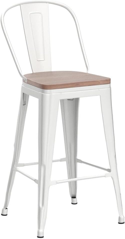 Alunaune 24" Swivel Metal Bar Stools Set of 4 High Back Counter Height Barstools Industrial Dining Bar Chairs with Large Wooden Seat-Matte Black