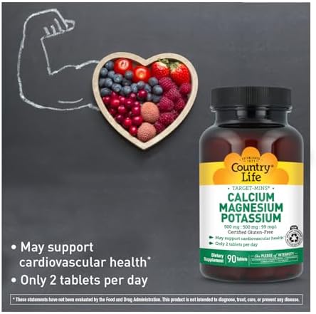 Country Life Target-Mins Calcium Magnesium Potassium, 180 Tablets | 500 mg calcium, 500 mg magnesium and 99 mg potassium per 2-tablet serving; certified gluten-free