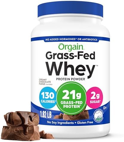 Orgain 21g Grass-Fed Whey Protein Powder, 5g BCAAs, Chocolate, 1.82lb | Dairy protein, 5g BCAAs, 4g prebiotic fiber, no sugar added, no added hormones, gluten free, kosher, for shakes & smoothies