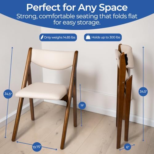 Stakmore Retro Modern Wood Folding Chairs Set of 2, Padded Upholstered Seat, Solid Hardwood Dining & Card Table Chairs, A-Frame Design, Steel Folding Mechanism, No Assembly, Space Saving, Cherry Frame