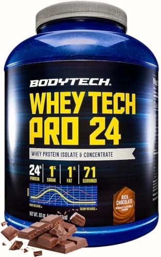 BodyTech Whey Protein Isolate Powder, Rich Chocolate, 5 LB, 71 Servings | 24G per Serving, High Concentrated Protein Powder With Amino Acids & BCAAs for Men and Women, Gluten Free