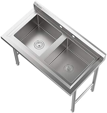 Bonnlo Commercial 304 Stainless Steel Sink 2 Compartment Free Standing Utility Sink for Garage, Restaurant, Kitchen, Laundry Room, Outdoor