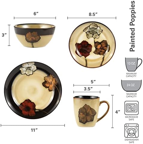 Pfaltzgraff Painted Poppies 16-Piece Stoneware Dinnerware Set, Service for 4, Dinner Plates, Salad Plates, Bowls and Mugs
