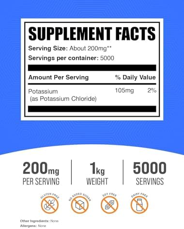 BulkSupplements.com Potassium Chloride Powder - Salt Substitute, Potassium Salt - Gluten Free, 200mg per Serving, 1kg (2.2 lbs) (Pack of 1)