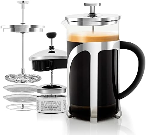 OVENTE French Press Coffee Maker, 34oz BPA-Free Cold Brewer, Clear FGC34T | Heat Resistant Borosilicate Glass, 4-Level Filter System, Stainless Steel Plunger, Cafetera Tea Pot for Kitchen Travel Gifts