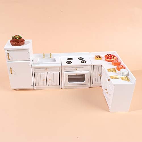 1:12 Scale Dollhouse Kitchen Furniture Set, 5 Piece Wooden Miniature Kitchen Accessories with Cabinet, Fridge, Sink, Corner Cabinet