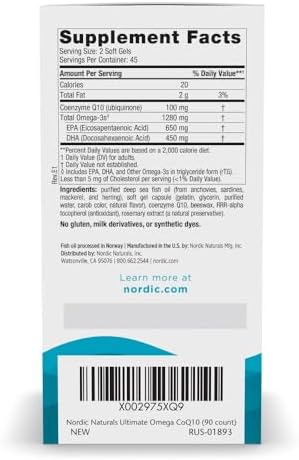 Nordic Naturals Ultimate Omega + CoQ10, Lemon - 60 Soft Gels - 1280 mg Omega-3 + 100 mg CoQ10 - Heart Health, Cellular Energy, Antioxidant Support - Non-GMO - 30 Servings