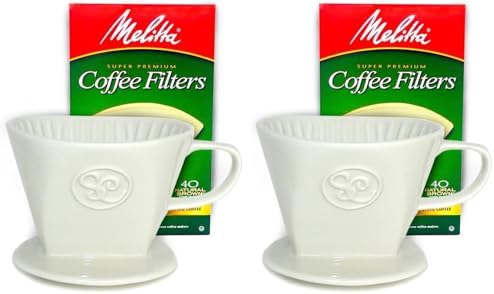 Simply Charmed Ceramic Pour Over Coffee Maker with 40 Count Melitta Filters - Elegant Single Serve Coffee Dripper for Rich Brewed Pour Over Coffee - Base Measures 4", Height 3" - Brews 8-16 oz