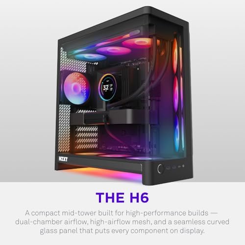 NZXT H6 - Compact Dual-Chamber ATX PC Case - White | Dual-chamber ATX case supporting up to 10 120mm fans and 360mm radiators, with back-connect motherboard compatibility.