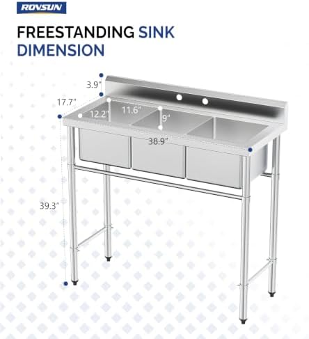 Bonnlo 3-Compartment NSF 304 Stainless Steel Utility Sink Commercial Grade Laundry Tub Culinary Sink for Outdoor Indoor, Garage, Restaurant, Kitchen
