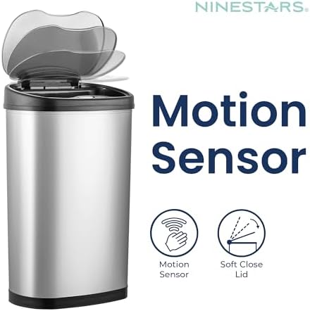 Ninestars 13 Gallon Oval Automatic Trash Can, 50L Touchless Motion Sensor Kitchen Garbage Can with Odor-Sealing Lid, Silver Stainless Steel