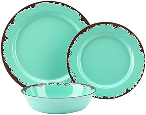 Rustic Melamine Dinnerware Set,12-Piece Plates and Bowls Sets,Yinshine Unbreakable Melamine Dish Set,Lightweight,Service for 4,Dishwasher Safe,Green