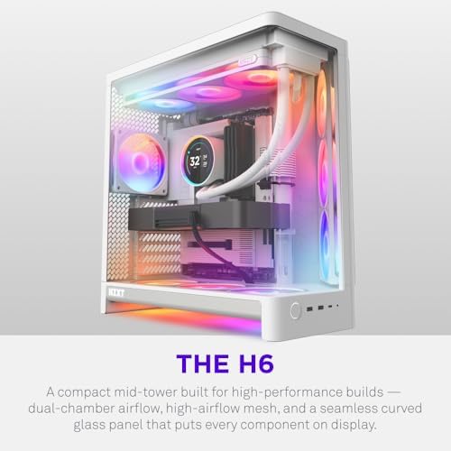 NZXT H6 - Compact Dual-Chamber ATX PC Case - White | Dual-chamber ATX case supporting up to 10 120mm fans and 360mm radiators, with back-connect motherboard compatibility.