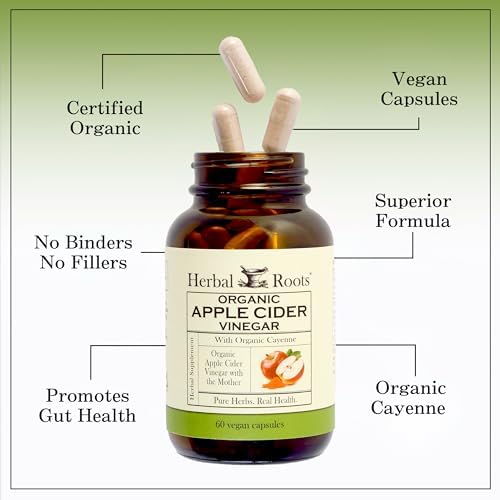 Herbal Roots Organic Apple Cider Vinegar Capsules with Mother - Pure Extra Strength - 60 Vegan Capsules