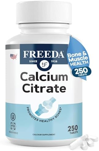 FREEDA Calcium Citrate 1000mg Supplement for Bone Support – 250 Tablets | Supports Bone Strength, Teeth, & Muscle Function – Highly Absorbable Calcium Formula – No Vit D, Vegan, Kosher, Made in USA