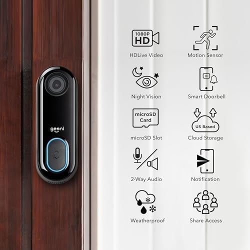 Geeni Smart Video Doorbell, 1080p HD, Motion Detection, Night Vision, Two-Way Audio, Weather-Resistant, Wired Installation