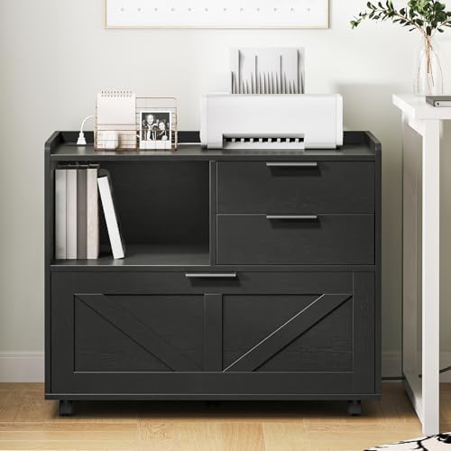 HOOBRO Lateral File Cabinet, Wooden Office Storage Drawers with Charging Station, Filing Cabinet for Home Office, A4/Letter/Legal-Sized Files, Printer Stand with Open Storage Spaces, White WT37UWJ01