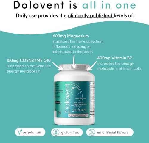 Dolovent Vitamin B2, Magnesium & CoQ10 Formula, 120 Capsules | Dietary supplement with 400mg vitamin B2, magnesium & CoQ10, supports brain health