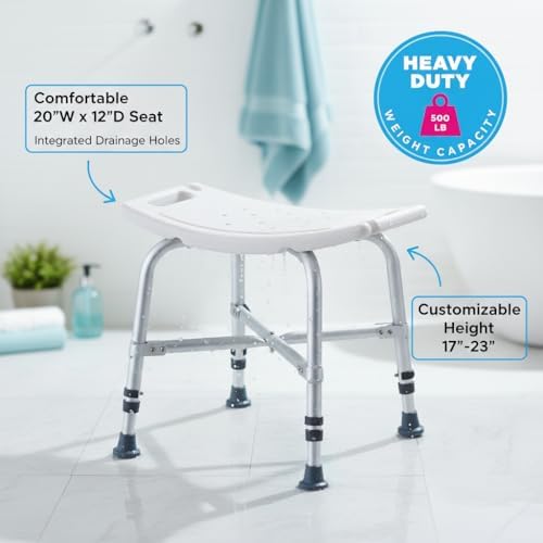 NOVA Heavy Duty Shower Chair, 500 lb Bariatric Bath Seat for Seniors, Fully Assembled, Adjustable Height 17"–23", Dual Handles, Handheld Shower Holder, Non-Slip Feet
