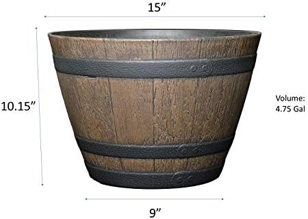 Outdoor Whiskey Resin Flower Pot Barrel Planter, Walnut Brown, 15"