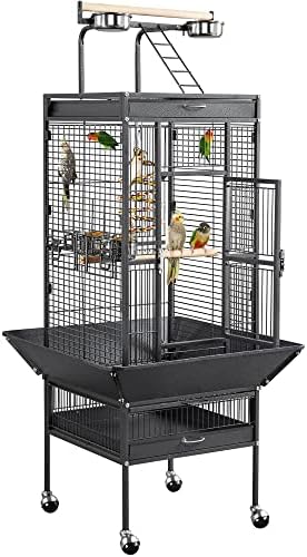 Yaheetech Wrought Iron Bird Cages, Play Top Large Aviary with Stand for Cockatiel Parrot Sun Parakeet Conures Lovebird Budgie Finch African Grey White, 61-inch