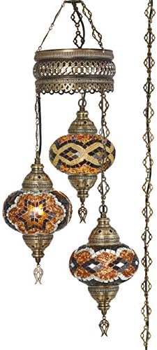 DEMMEX Plug-in Turkish Hanging Lamp, Handmade Moroccan Mosaic Chandelier Pendant Light Fixture with 15-ft Cord & Chain, Decorative Ceiling Lamp for Living Room, Bedroom, 3 Large 7'' Globes, 3.5 ft.