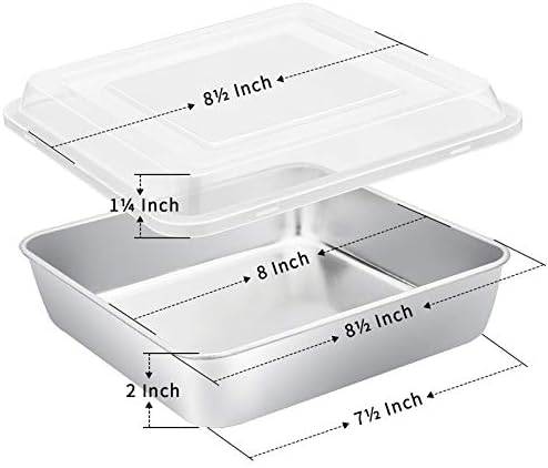 E-far 8 x 8-Inch Baking Pan with lid, Square Cake Brownie Baking Pans Stainless Steel Bakeware Set of 2, Non-toxic & Healthy